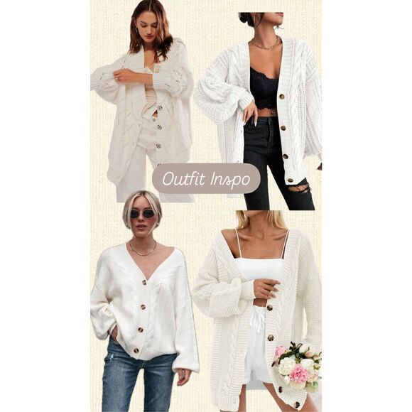 Vintage Carriage Court Sport White Chunky Oversized Cable Knit V-neck Cardigan - Picture 2 of 10